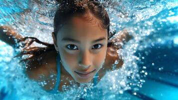 An Asian girl confidently swims freestyle underwater, her focused expression captured as bubbles surround her in a bright and inviting pool setting. photo