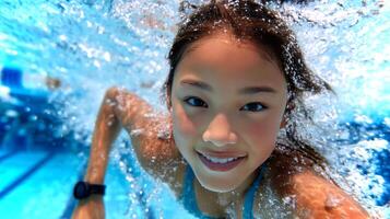 An Asian girl swims freestyle in a clear pool, showcasing her technique and enthusiasm while enjoying the refreshing water in a training environment. photo