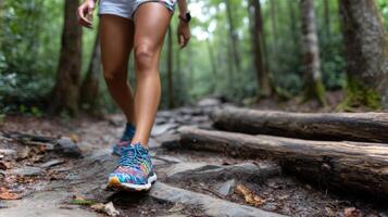 White girl carefully steps over a tree root while walking on a rocky trail surrounded by lush greenery and tall trees, enjoying a day of hiking. photo