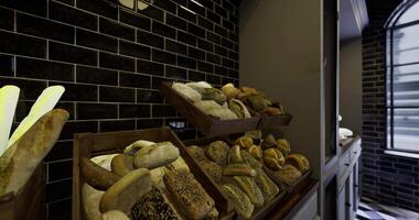 CGI Freshly baked bread displayed in wooden crates in a cozy bakery video