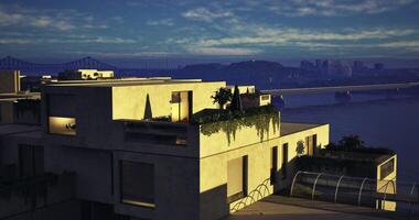 CGI Modern architecture illuminated at dusk overlooking the river video