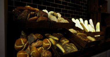 CGI Bakery display showcasing a variety of fresh bread in wooden baskets video
