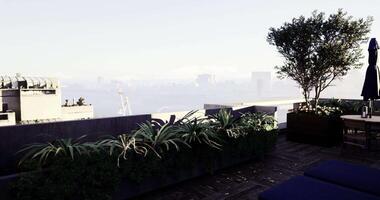 CGI View from a rooftop terrace with greenery and distant skyline in morning fog video