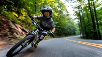 An African American boy speeds downhill on a bicycle, showcasing his skills. He navigates a curve on a wooded road surrounded by tall trees and sunlight. photo