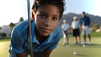 A Latino boy concentrates as he prepares to make a long-distance putt on a sunny golf course. Nearby, adults observe his effort with interest. photo