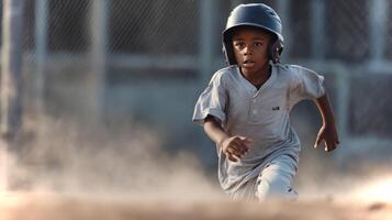 An African American boy sprints across the baseball diamond, helmet securely fastened, focused on making it to home plate during a lively game. photo