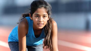 A South Asian girl kneels in a start pose on a red running track, showing concentration and readiness to sprint. photo