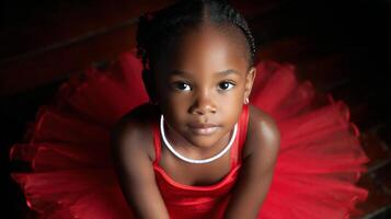 A girl dressed in a vibrant red tutu poses beautifully while exuding joy. The lighting highlights her features as she captures the moment with elegance and charm. photo