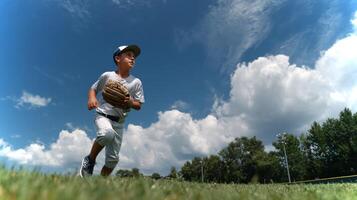 A white boy sprints in the outfield with his glove aimed at catching a fly ball, showcasing his excitement during a sunny day of baseball. photo