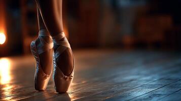 A close-up view of a Black girl's foot elegantly positioned in a pointe shoe, highlighting the artistry and strength required for ballet during a dance rehearsal. photo