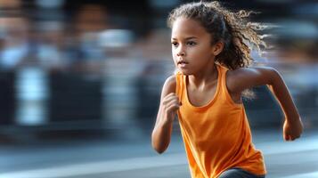 A young Latina girl sprints at full speed, crossing the finish line with focus and determination during a competitive race on a sunny day. photo