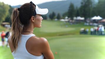 In a beautiful mountain setting, a girl stands poised, watching with confidence as a golf ball flies after a powerful hit during a vibrant game day. photo
