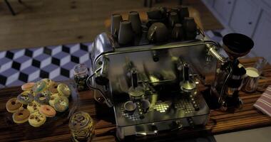 CGI Artisan coffee machine and colorful pastries on display in a modern cafe video