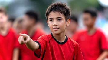 A young Asian boy in a red jersey gestures toward a teammate during an energetic soccer practice on a bright day. The atmosphere is filled with excitement. photo