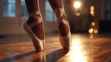 A Black girl balances delicately on her pointe shoe, showcasing her skills in ballet rehearsal at an indoor studio in the evening. photo