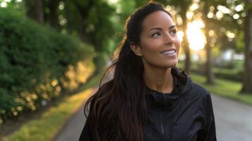 A Latina girl power-walks confidently down a tree-lined lane, smiling as the sun sets, casting a warm glow through the foliage, enhancing her cheerful demeanor. photo