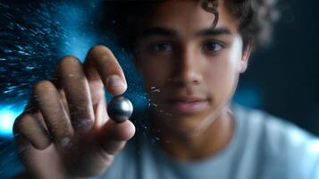 A Latino boy showcases impressive ball-spinning skills with a focused expression as swirling colors enhance the energetic atmosphere. photo