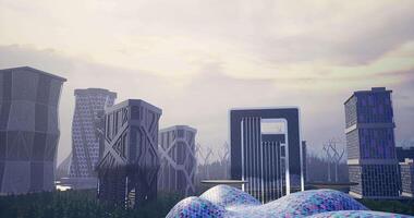 CGI Unique modern architecture in a futuristic city with natural elements visible video