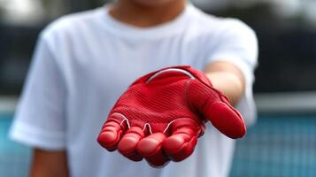 After an intense match, a boy stands with his open palm showing a red sports glove. The setting captures the excitement of the game and sportsmanship. photo