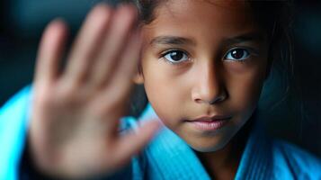 In a close-up, a South Asian girl raises her hand with a focused expression, conveying confidence and hope. photo