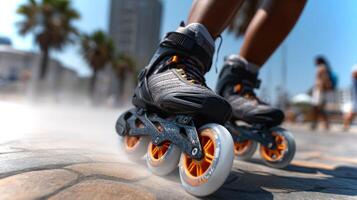 Black girls enjoy inline skating on a warm day, showcasing sleek wheels gliding over a smooth surface while surrounded by palm trees and buildings. photo