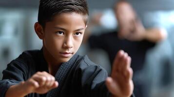 Young boy focuses intently while practicing a parry move with a partner during a martial arts training session. photo