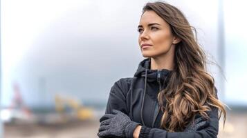 A girl with long hair stands at a base, arms crossed, displaying confidence and poise. The overcast sky adds a dramatic backdrop to her thoughtful expression. photo