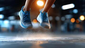 Sneakers of an Asian girl make contact with a dusty floor, capturing the moment of impact in a dynamic indoor environment, showcasing energy and motion. photo