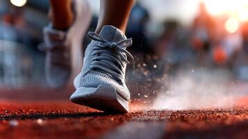 White sneakers push off from a red running track, capturing the motion and energy of athletic training as the sun sets in the background. photo