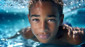A mixed-race boy in a swimming pool demonstrates backstroke technique. The ceiling above reveals bright light, enhancing the water's clarity and movement. photo
