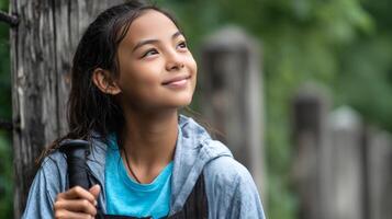 A young girl takes a brief rest while hiking, leaning against a post with her poles grounded. She gazes upwards, enjoying the serene natural surroundings. photo