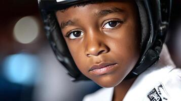 Close-up of a young boy's serious face, conveying focus and intensity while preparing for a boxing match in a training environment. photo