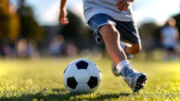 A young boy is caught mid-kick while playing soccer on a grassy field during a sunny day, showcasing his enthusiasm for the sport. photo