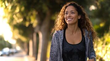 A Latina girl with curly hair enjoys a power walk on a tranquil tree-lined path. The golden hour light adds warmth to her energetic stride and cheerful demeanor. photo