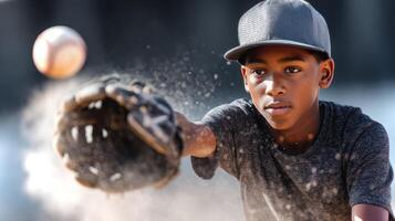 Black boy in a gray cap extends his gloved hand to catch a baseball during practice at a dusty field. Focus on skill and determination in the moment. photo