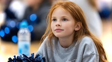 A red-haired girl enjoys a restful moment between cheerleading practice, sitting in a sports hall surrounded by teammates. She appears focused and relaxed. photo
