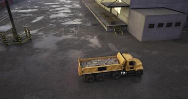 CGI Excavator truck unloading debris at construction site during twilight hours video