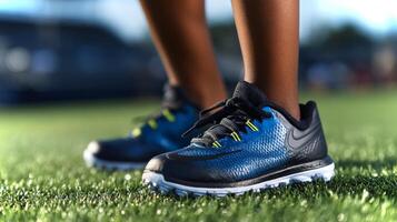 Brightly colored close-up of an African American boy's athletic shoes, set against a vibrant green turf background. Perfect for showcasing outdoor play. photo