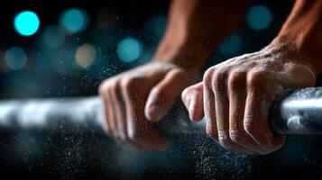 A close-up shows a young boy's hands firmly holding a metal bar, using chalk to enhance grip. The setting emphasizes determination and strength during exercise. photo