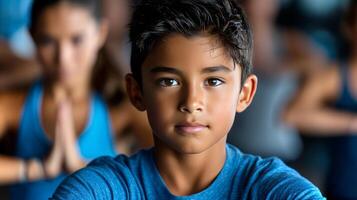 In a yoga studio, a South Asian boy confidently holds the warrior II pose, showcasing his focus and dedication during a group class. photo