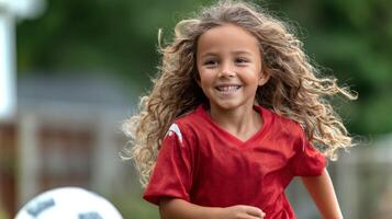 A girl with curly hair is running energetically across a grassy field, enjoying playing soccer during a sunny day. Her smile shows pure happiness and excitement. photo