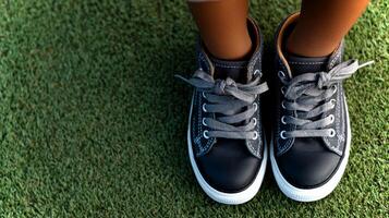 Stylish black shoes with gray laces are seen up close, resting on vibrant green grass under clear skies, showcasing a moment of playful outdoor activity. photo