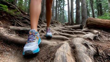 A girl navigates a wooded trail, carefully stepping over exposed tree roots while hiking in the forest. Tall trees tower around her, creating a serene atmosphere. photo