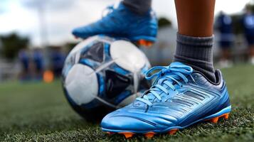 A Latino boy's foot in bright soccer cleats stands on green turf next to a soccer ball, during a practice session in the afternoon sunlight. photo