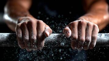 Strong hands covered in chalk tightly grip a parallel bar, showcasing focus and strength in a gym setting. The background hints at an active training atmosphere. photo