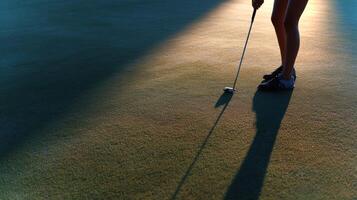 Close-up view of a golfer's shadow stretching across the green while preparing to take a putt at sunset, highlighting focus and serene surroundings. photo
