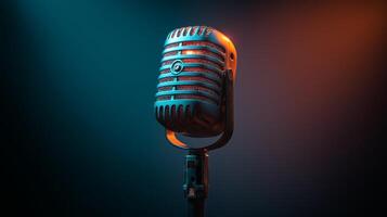 A vintage microphone stands on a stand, illuminated by colorful lights in a rich blue and orange ambiance. This setup creates a dynamic atmosphere for an ai-themed podcast recording. photo