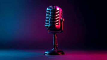 A vintage-style microphone stands prominently on a dark stage, illuminated by vibrant blue and purple lighting, setting the scene for an engaging podcast session focused on artificial intelligence. photo