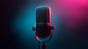A professional microphone stands in a colorful studio setting, illuminated by soft pink and blue lights, ready to capture crisp sound for an engaging podcast session. photo