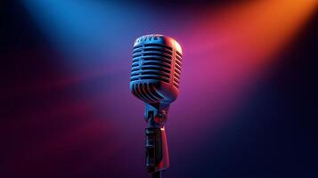 A sleek vintage microphone stands at the center of vibrant stage lighting, symbolizing the intersection of artificial intelligence and podcasting. photo